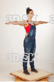 Whole body modeling pose blue jeans red singlet of Rebecca…